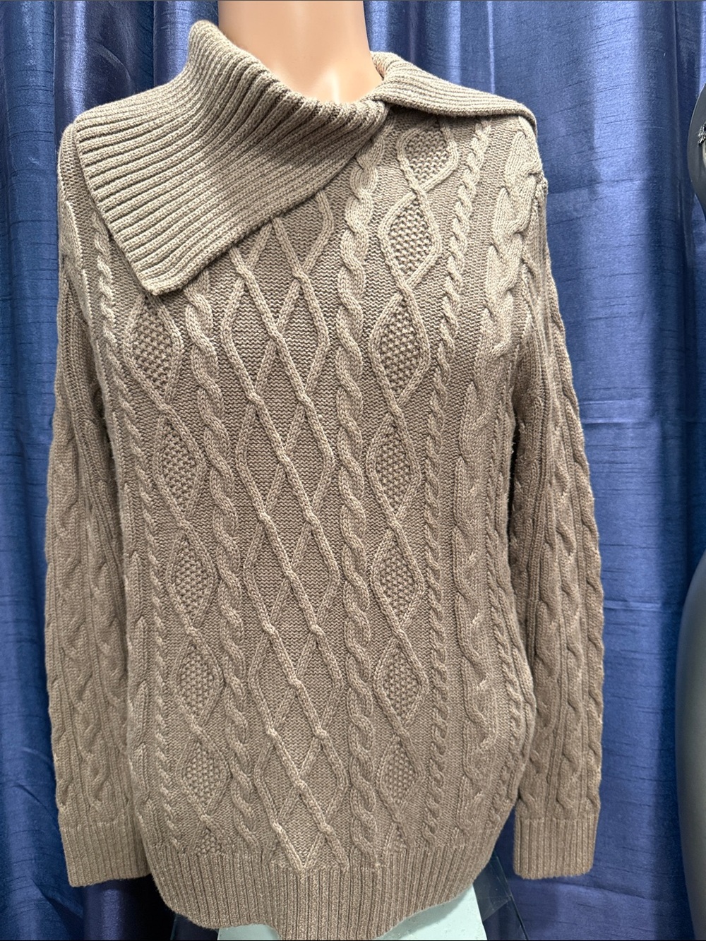 JEANNE PIERRE Cotton Rib Knit Cowl Neck Sweater in Taupe Brown